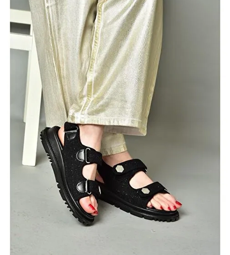 S267122004 Siyah Kumaş Kadın Sandalet - Görsel 1