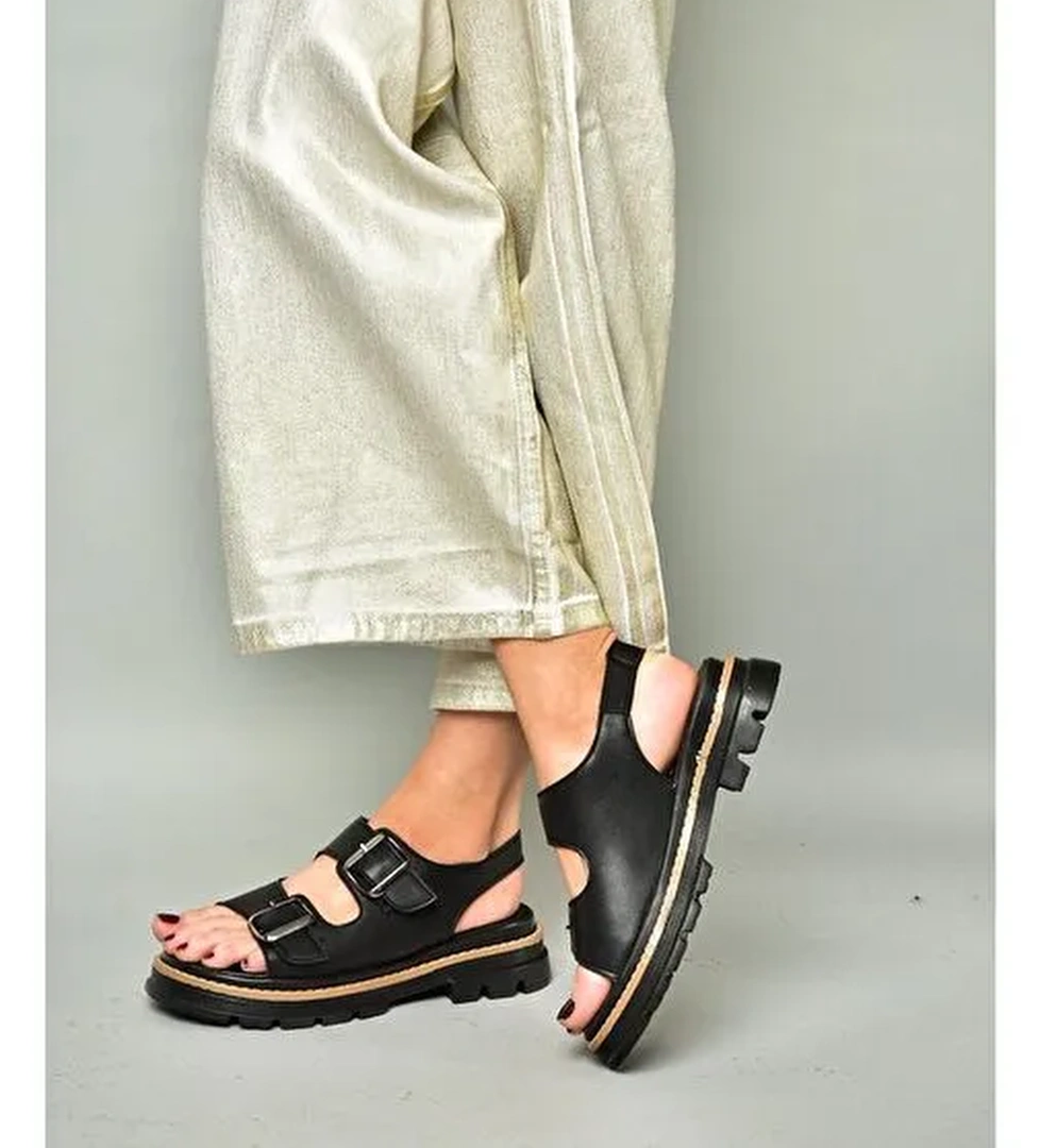 S996079109 Siyah Kalın Tabanlı Kadın Sandalet - Görsel 1