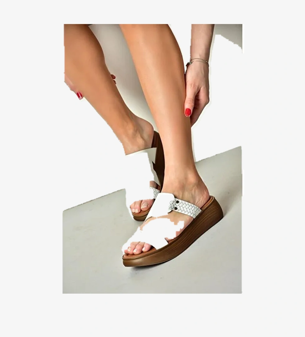 S291059703 Beyaz Hakiki Deri Kalın Tabanlı Kadın Terlik - Görsel 1