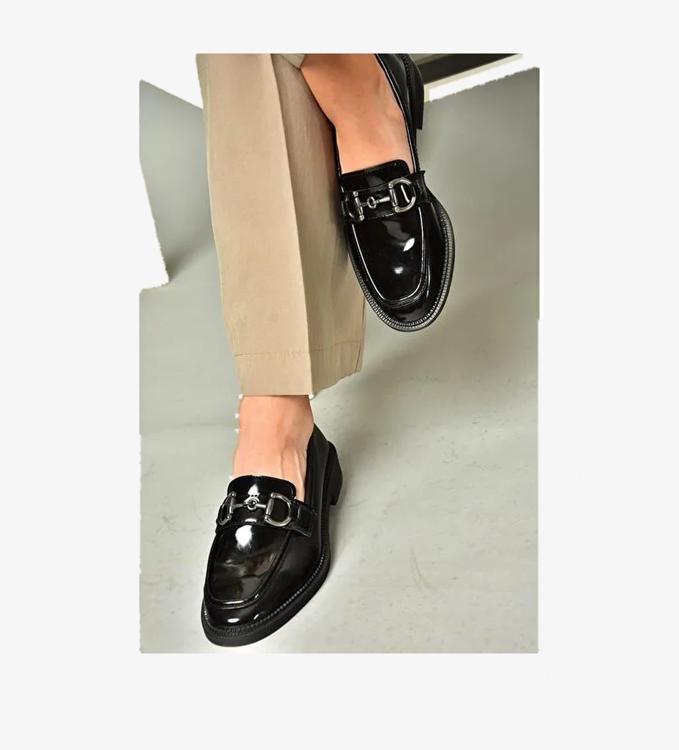 T314598008 Siyah Rugan Loafer Makosen Kadın Ayakkabı - Görsel 1