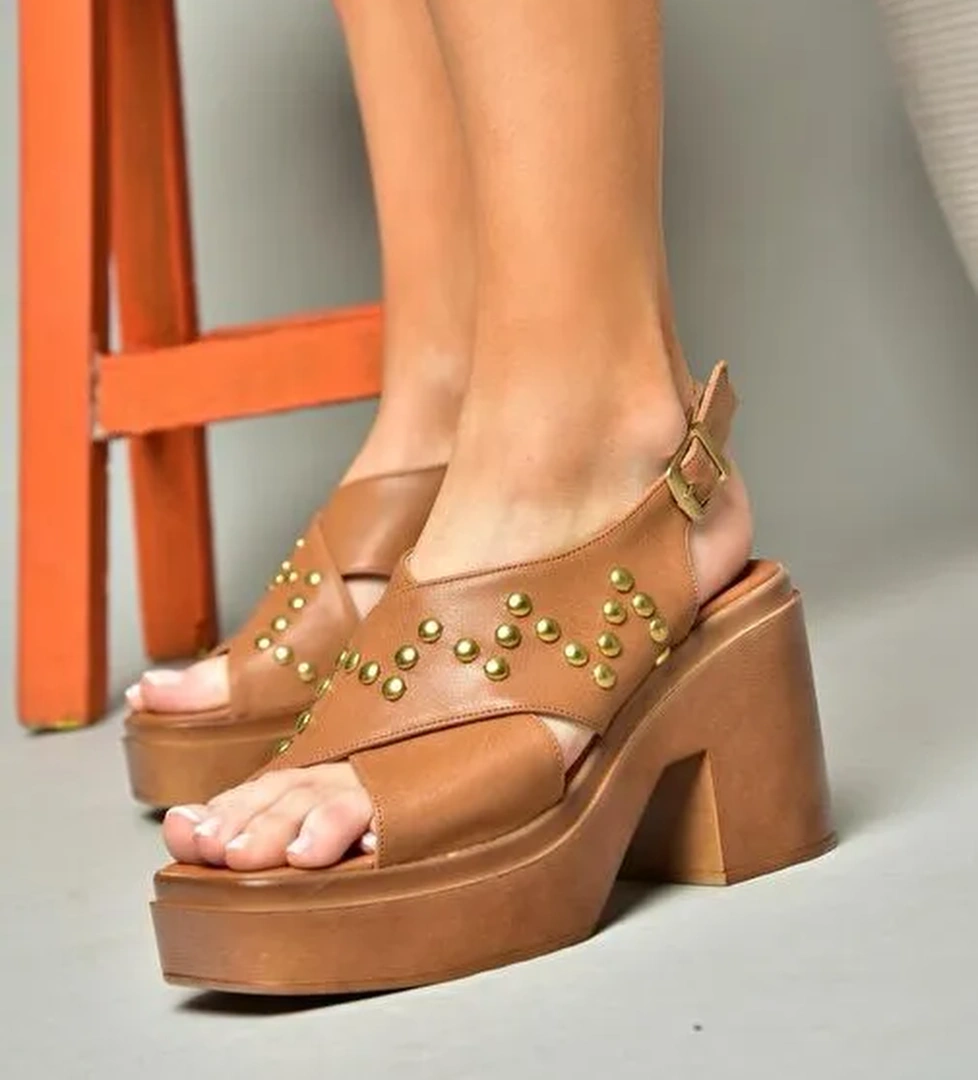 S996121009 Taba Kalın Topuklu Kadın Sandalet - Görsel 1