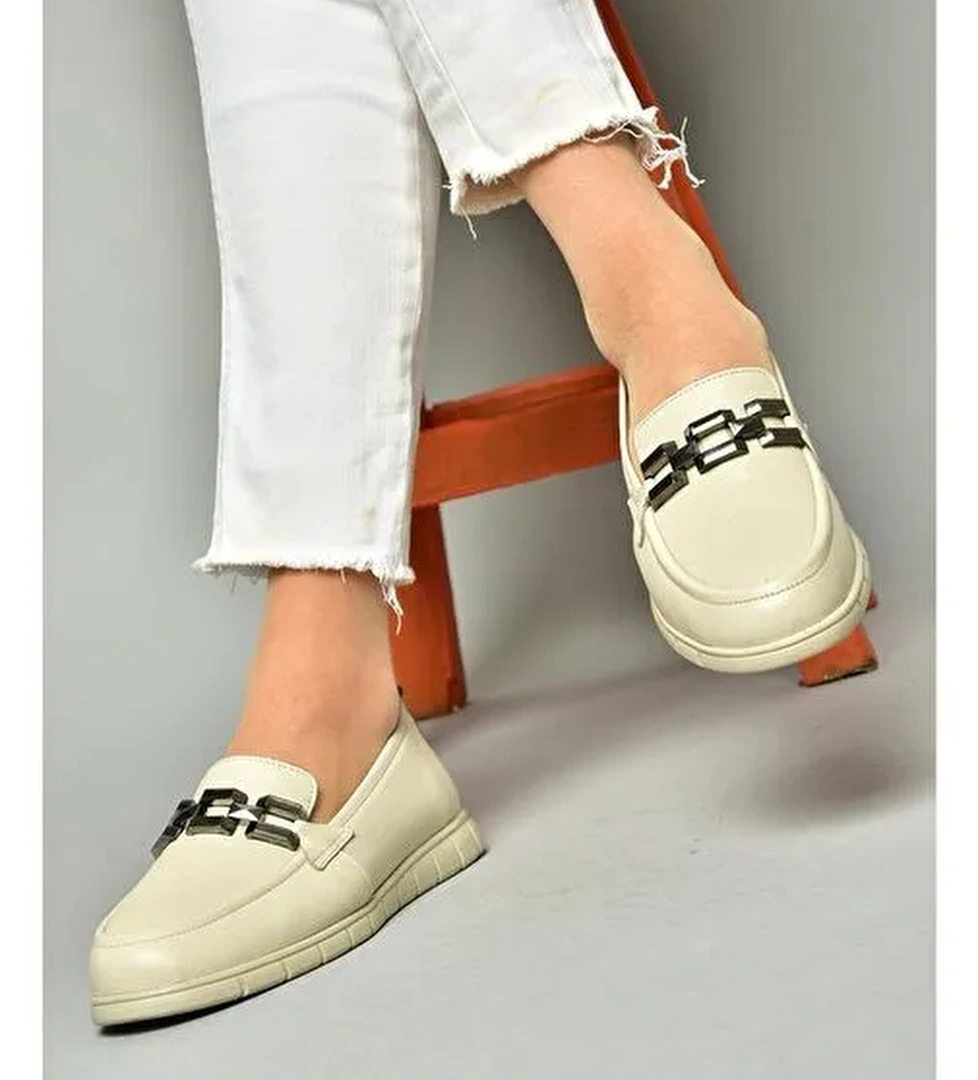 P555081103 Bej Hakiki Deri Düz Ayakkabı - Görsel 1