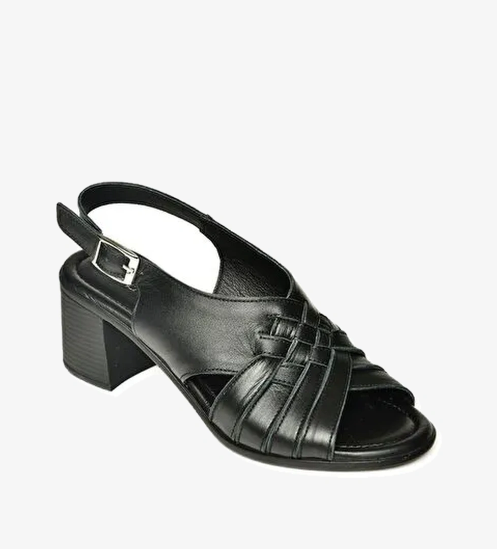 P555453803 Siyah Hakiki Deri Kalın Topuklu Kadın Sandalet - Görsel 1