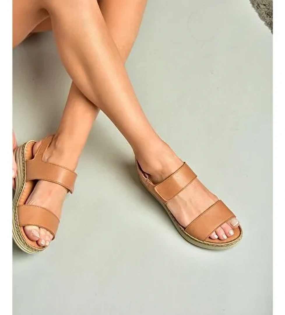 U555240603 Taba Hakiki Deri Kadın Sandalet - Görsel 1