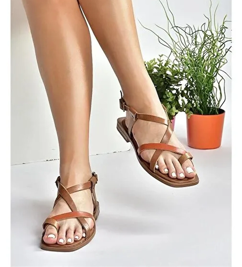 Taba/Turuncu Hakiki Deri Parmak Arası Kadın Sandalet M291841203 - Görsel 1