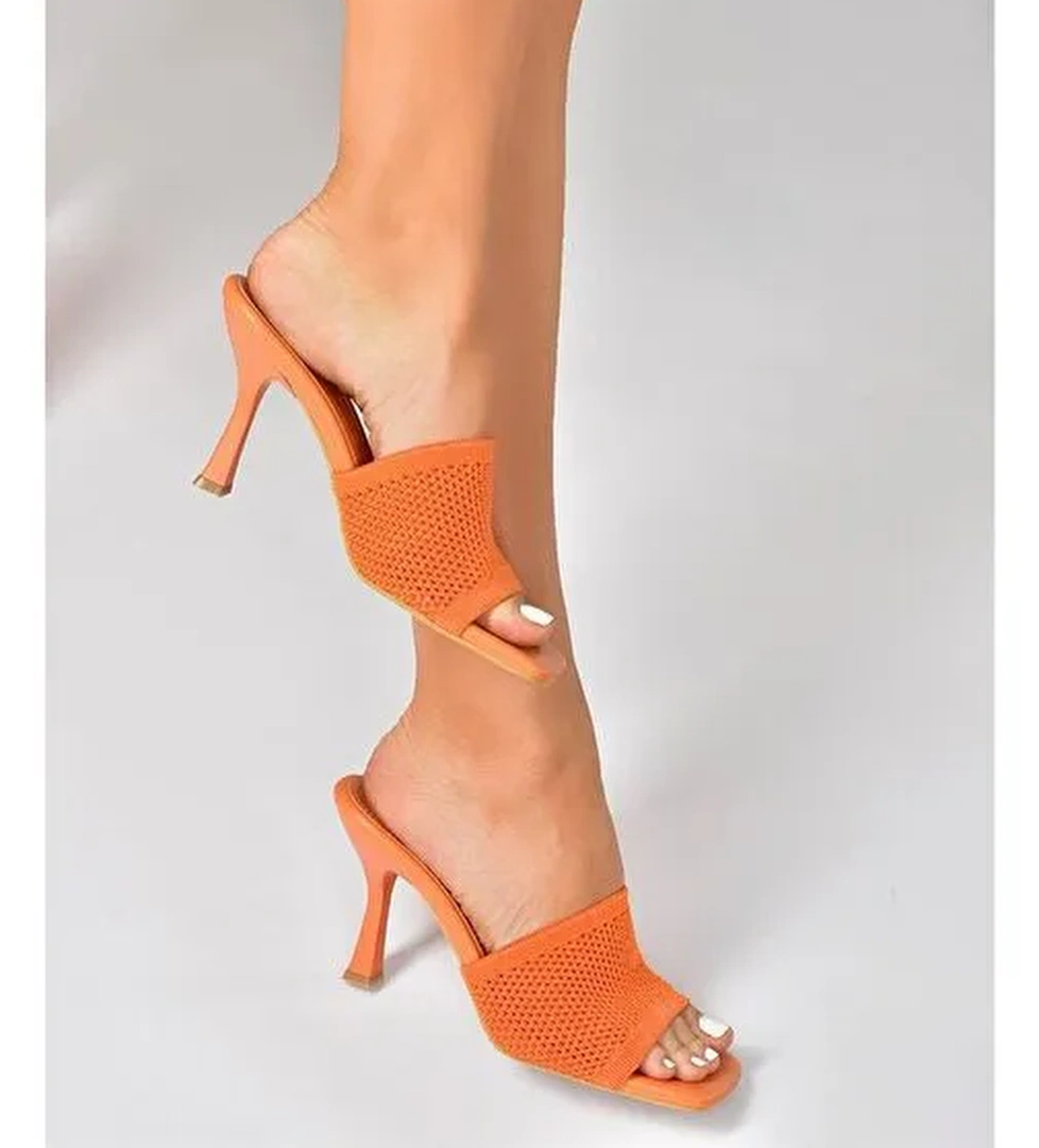 Turuncu Triko Kumaş Topuklu Kadın Terlik P590033357 - Görsel 1
