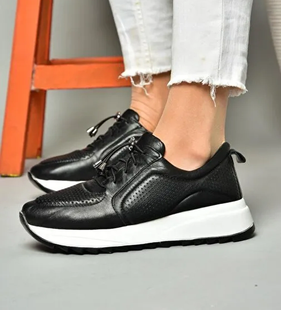 P540009203 Siyah Hakiki Deri Spor Ayakkabı Sneakers - Görsel 1