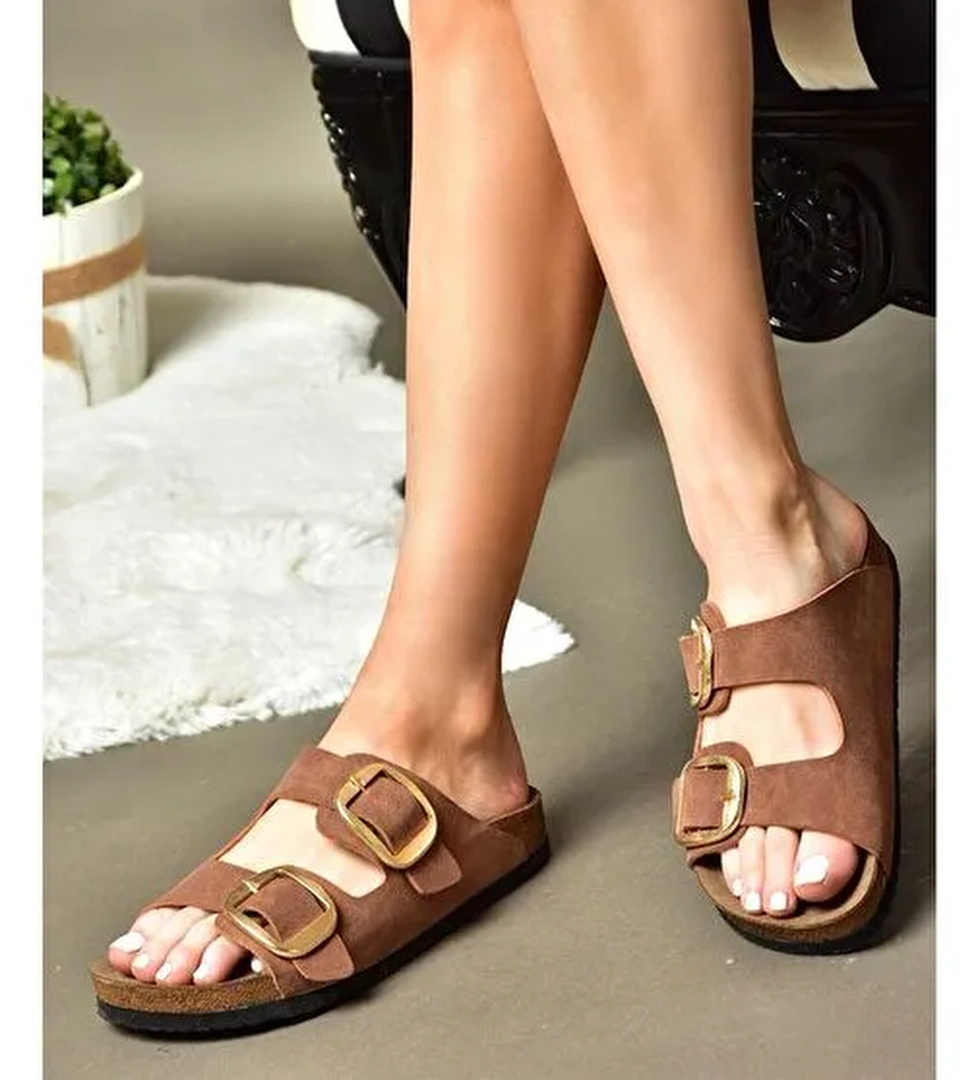 P777517402 Taba Süet Çift Bantlı Kadın Terlik - Görsel 1