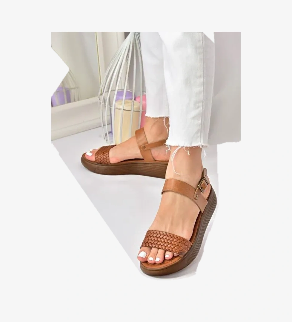 Taba Hakiki Deri Örgü Modelli Günlük Kadın Sandalet M291053603 - Görsel 1