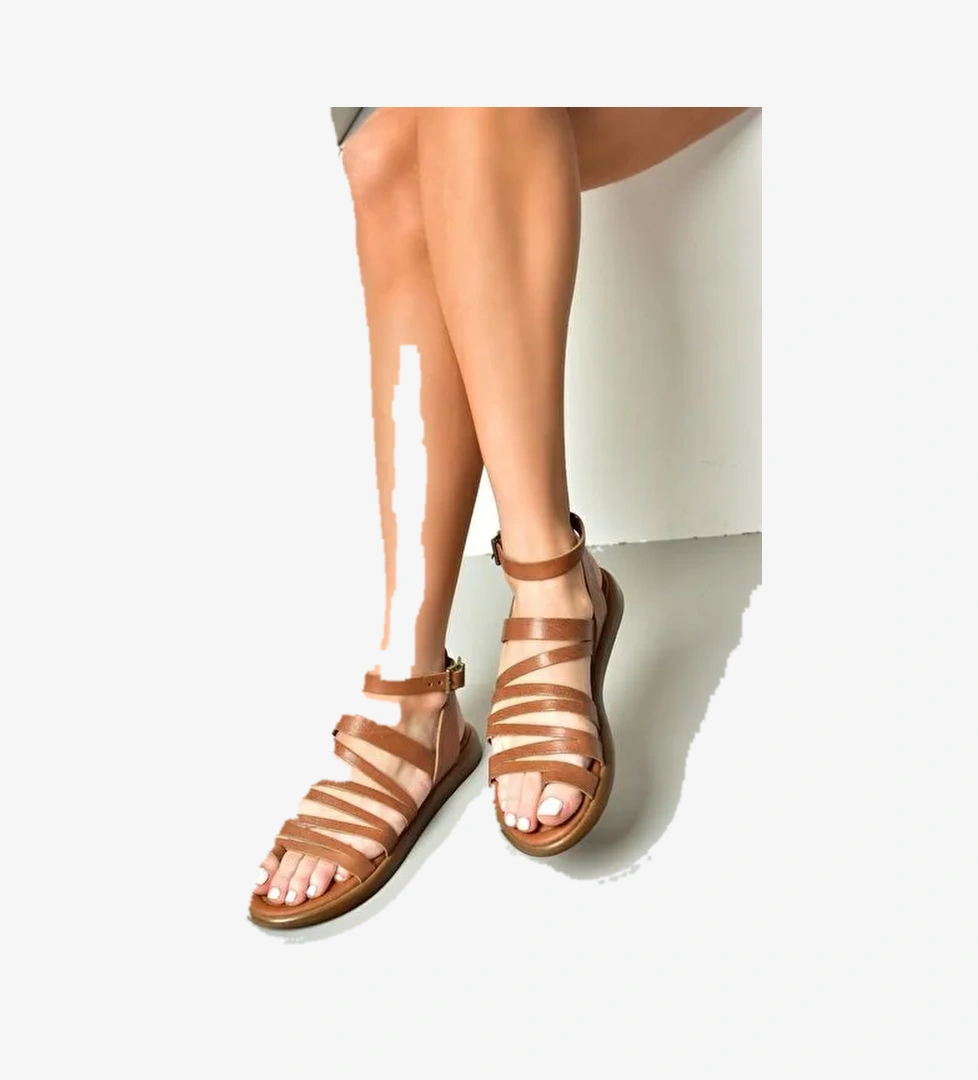 S291016103 Taba Hakiki Deri Kadın Sandalet - Görsel 1