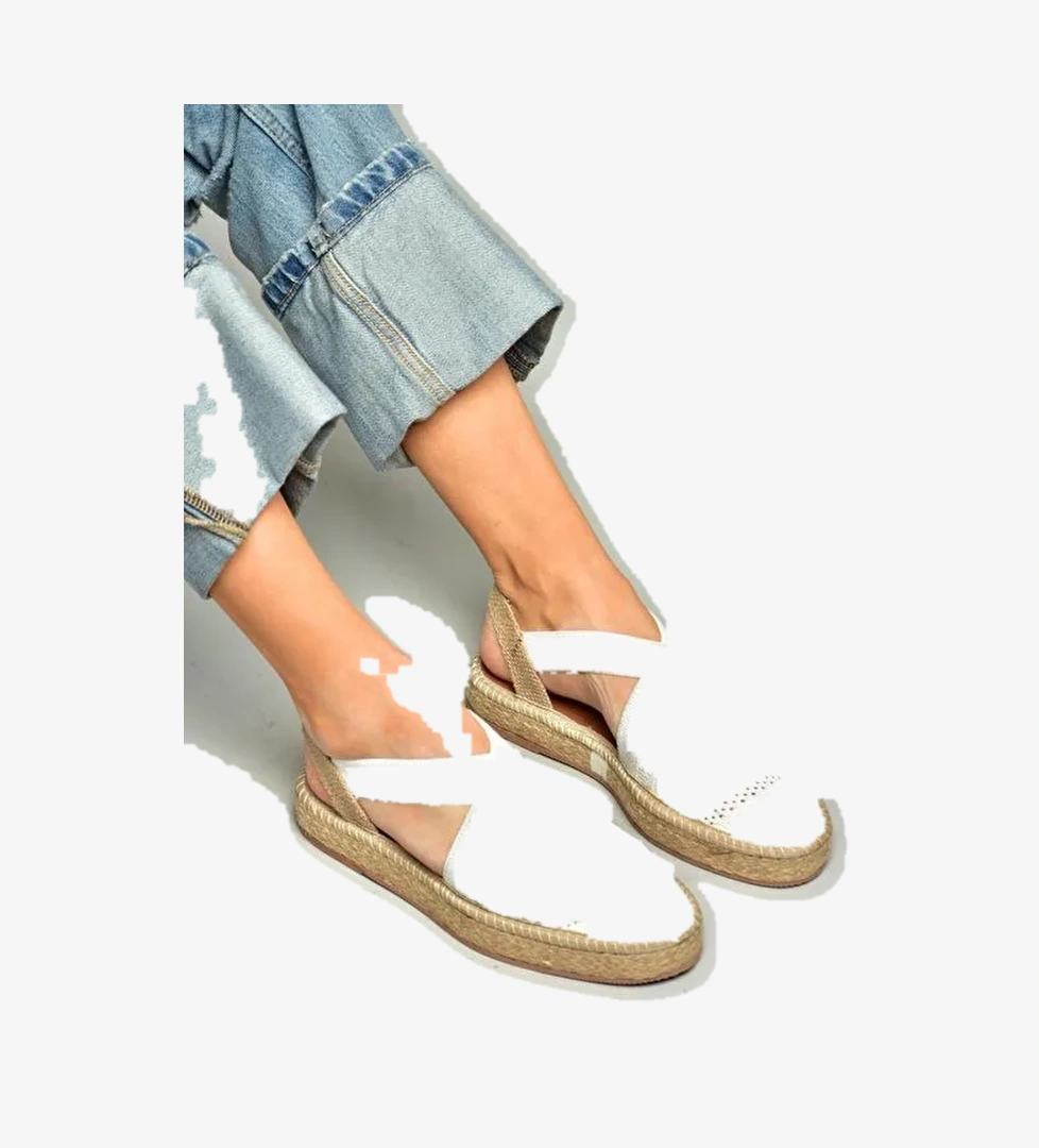 S404010106 Beyaz Dantel Kumaş Kadın Espadril Sandalet - Görsel 1