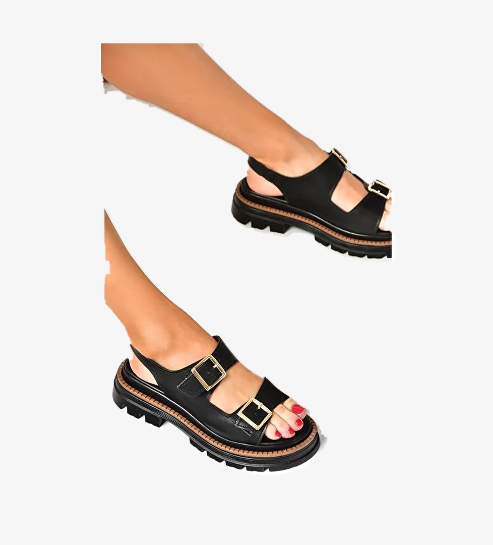 S437302209 Siyah Kalın Tabanlı Kadın Sandalet - Görsel 1