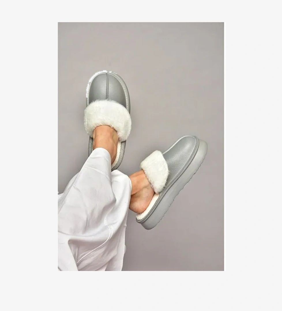 T918264209 Gri İçi Peluş Kadın Terlik - Görsel 1