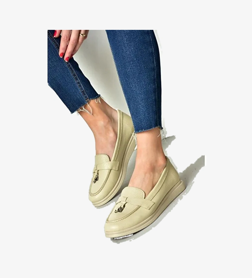 P555014103 Bej Hakiki Deri Kadın Ayakkabı - Görsel 1