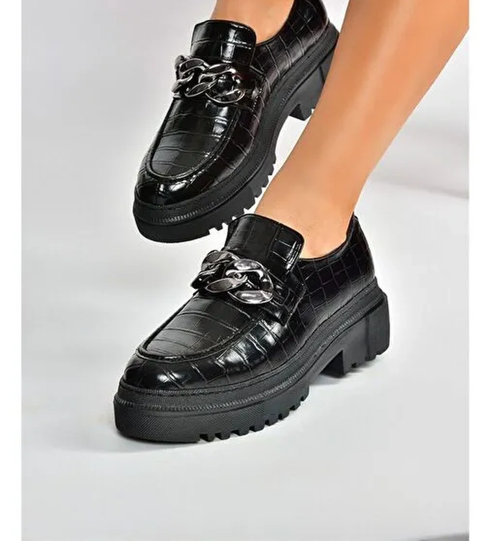 Siyah Kroko Baskı Kalın Tabanlı Günlük Kadın Ayakkabı K294760011 - Görsel 1