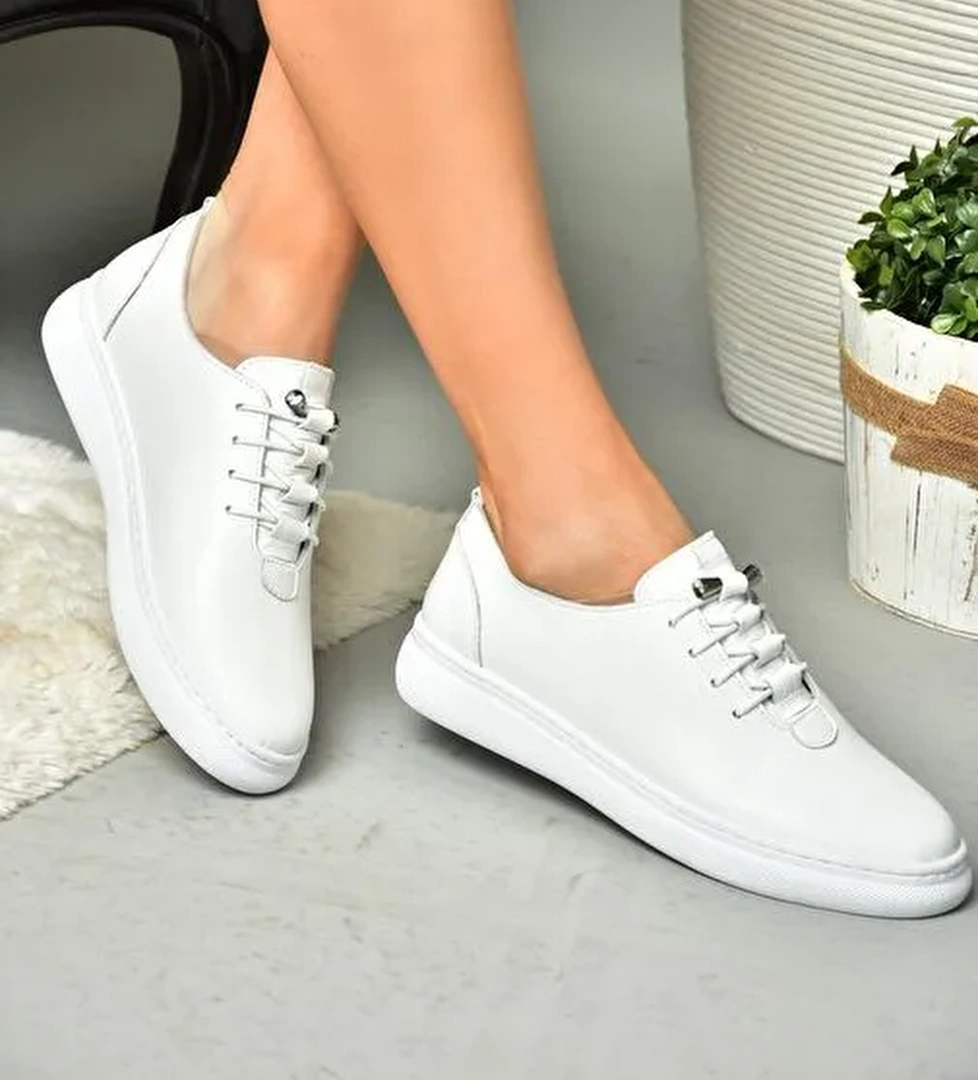 P555461003 Beyaz Hakiki Deri Kadın Spor Ayakkabı Sneakers - Görsel 1