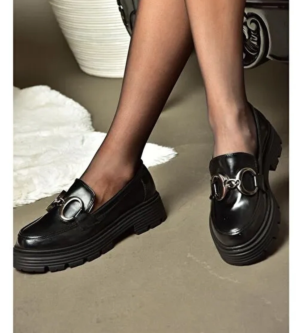 R996090008 Siyah Rugan Kalın Tabanlı Günlük Ayakkabı - Görsel 1