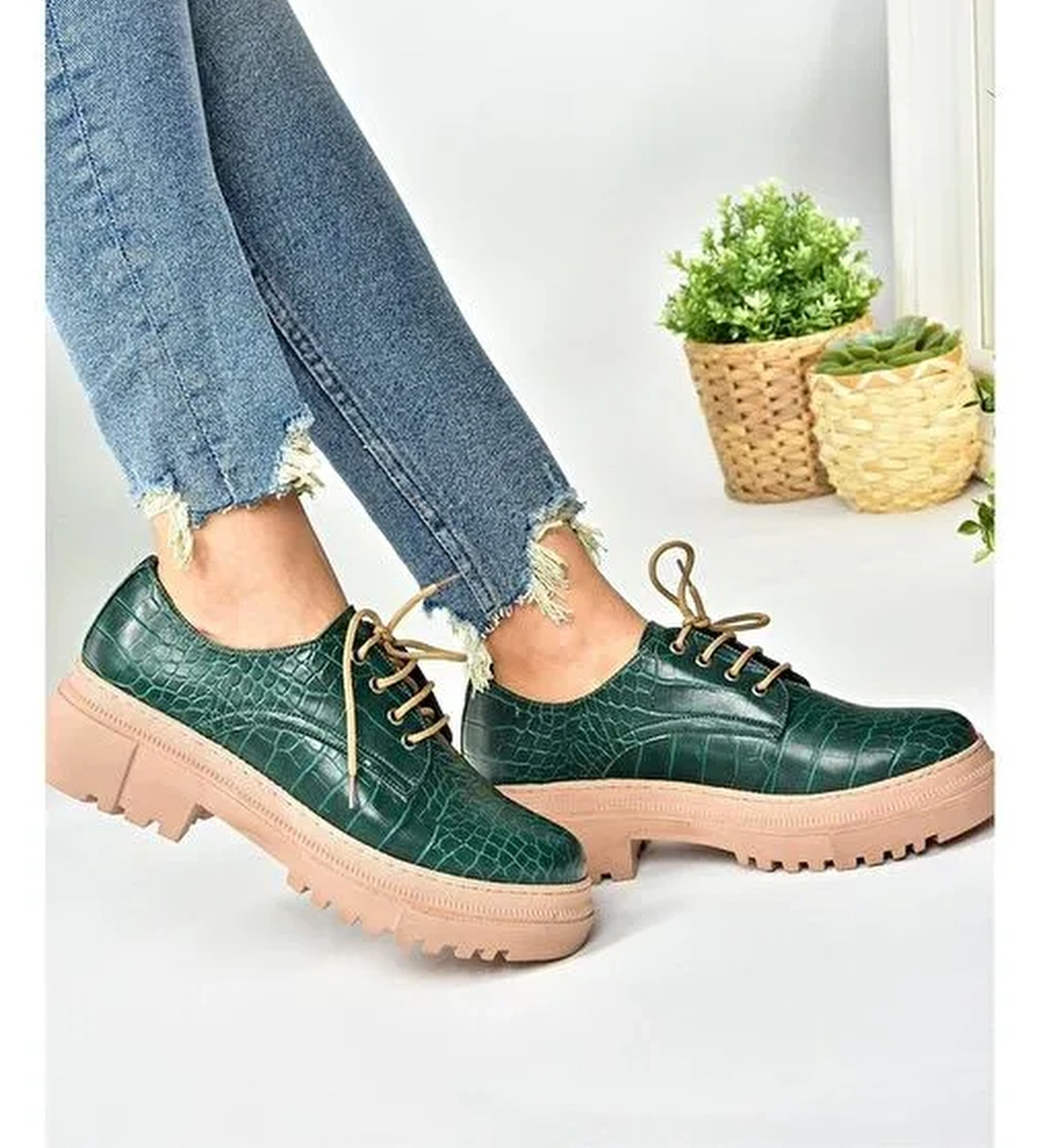 Yeşil Kroko Baskı Kalın Tabanlı Oxford Ayakkabı M294771311 - Görsel 1