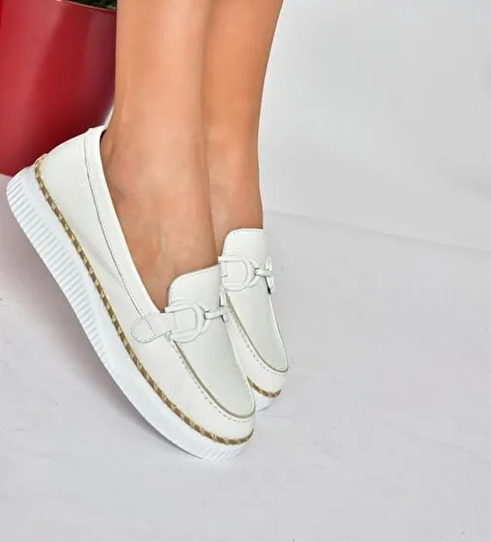 P555100003 Beyaz Hakiki Deri Günlük Kadın Ayakkabı - Görsel 1