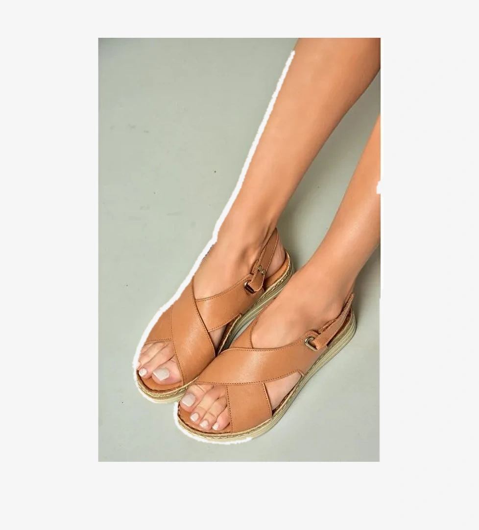 U555240503 Taba Hakiki Deri Kadın Sandalet - Görsel 1