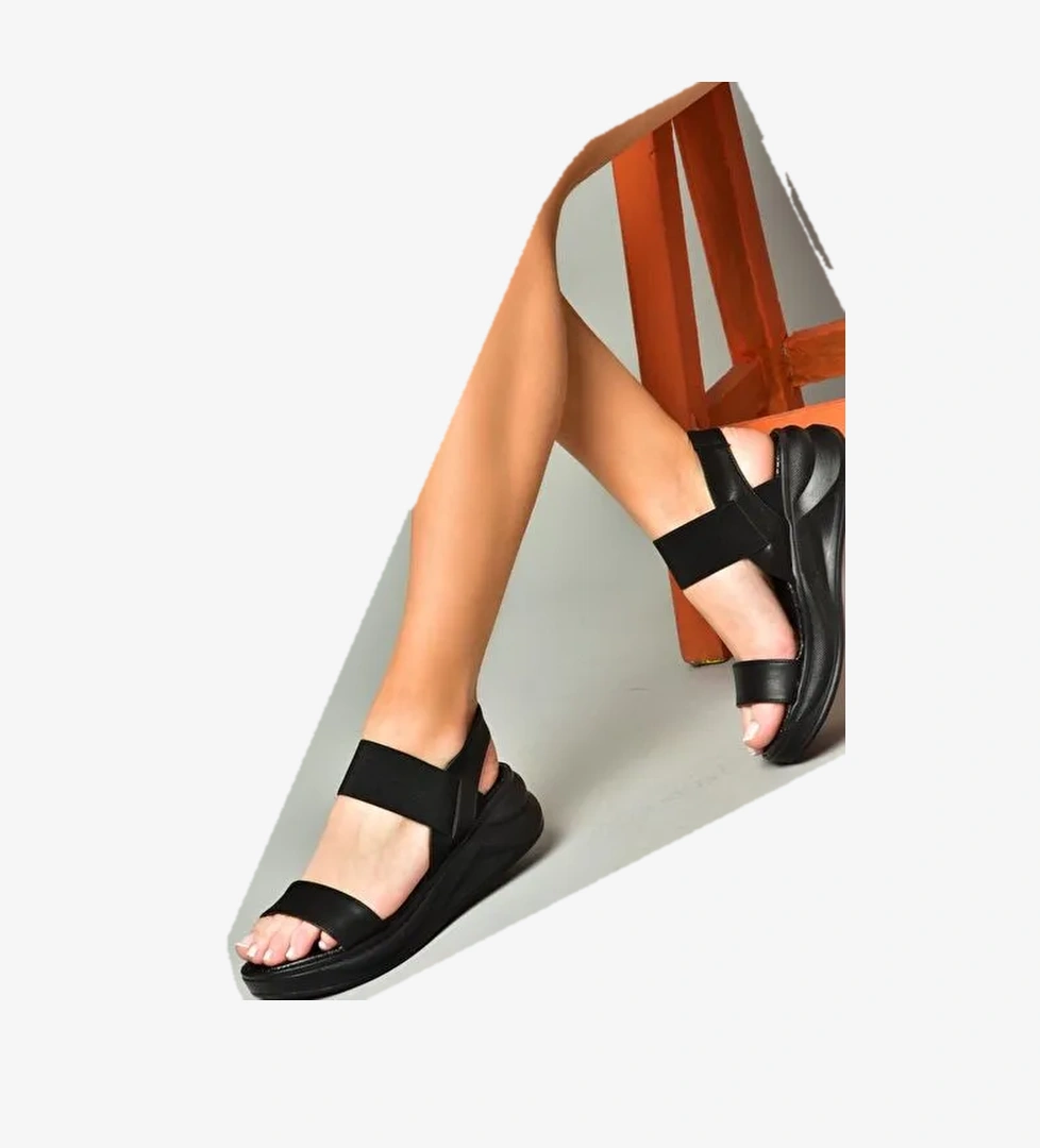 S713330809 Siyah Bileği Lastikli Kadın Sandalet - Görsel 1