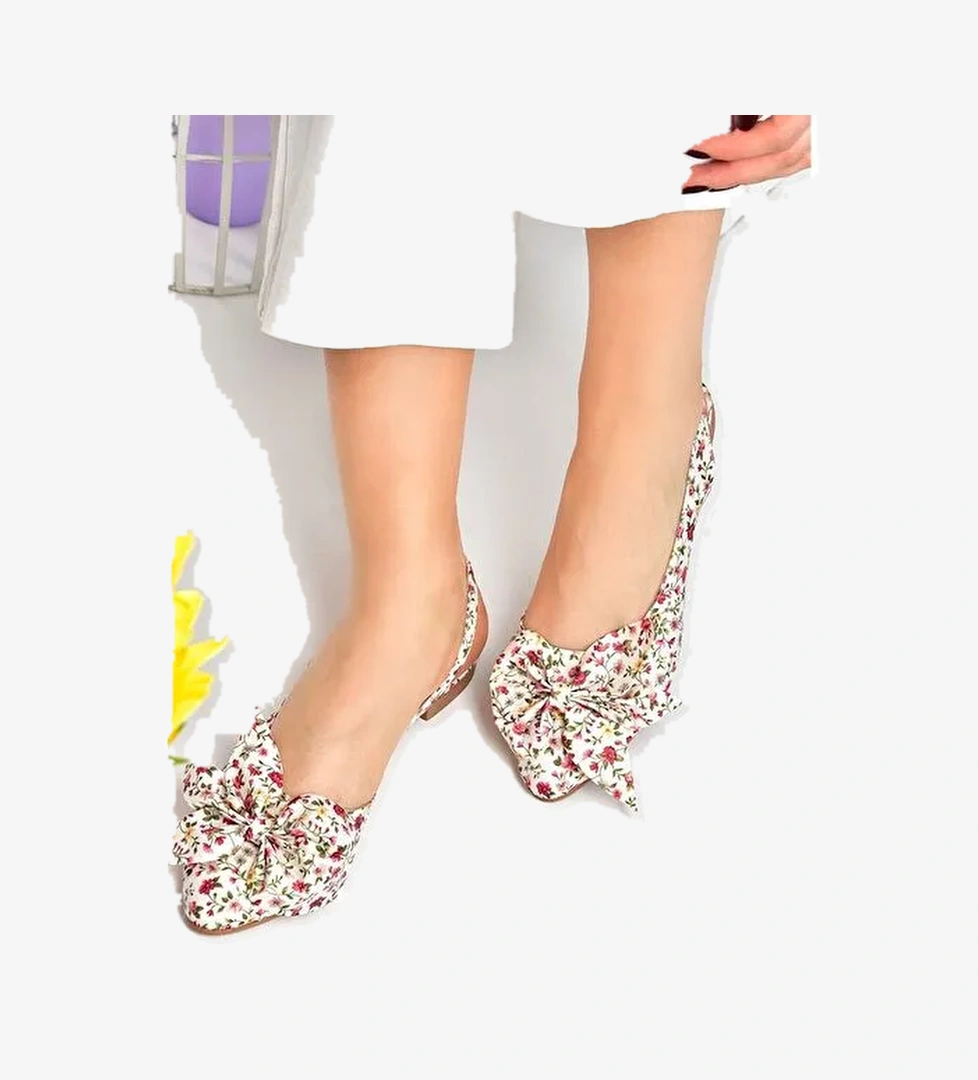 Bej/Kırmızı Kumaş Çiçek Baskı Kadın Babet H726809004 - Görsel 1