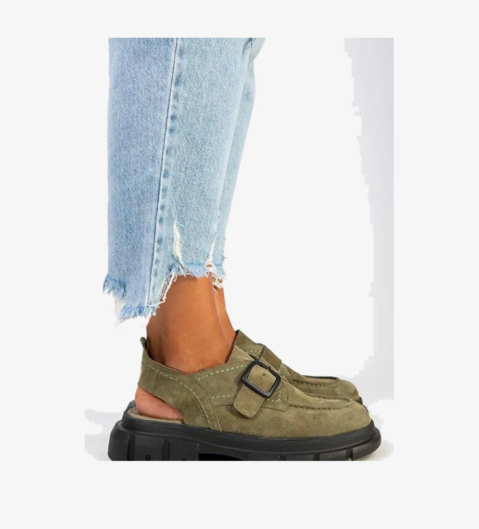 Manijero Rayne Kadın Hakiki Deri Tokalı Kemerli Su Yeşili Süet Sandalet - Görsel 1