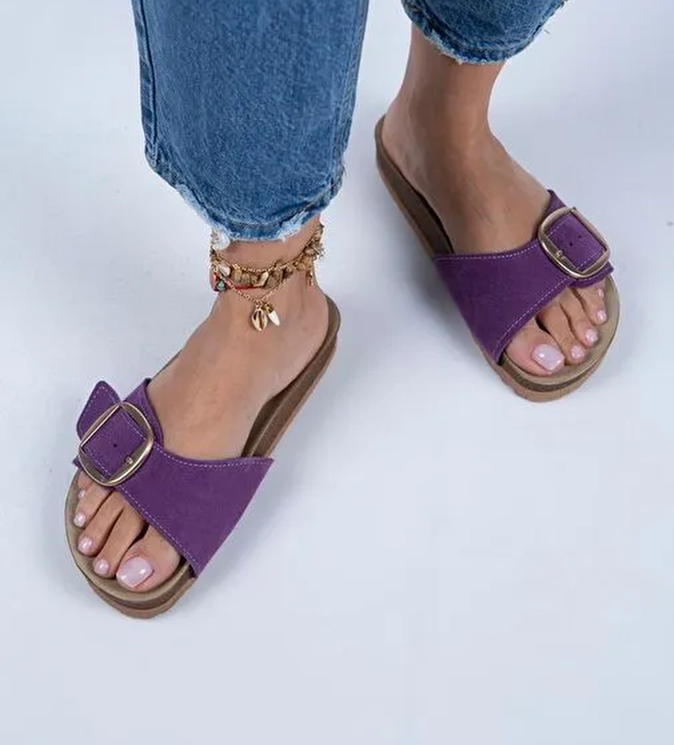 Manijero Jade Kadın Hakiki Deri Tek Tokalı Mor Süet - Gold Terlik - Görsel 1