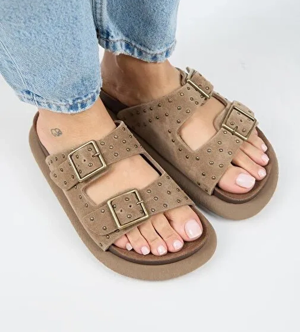 Manijero (Sude) Kadın Hakiki Deri Çift Tokalı Troklu Vizon Terlik - Görsel 1