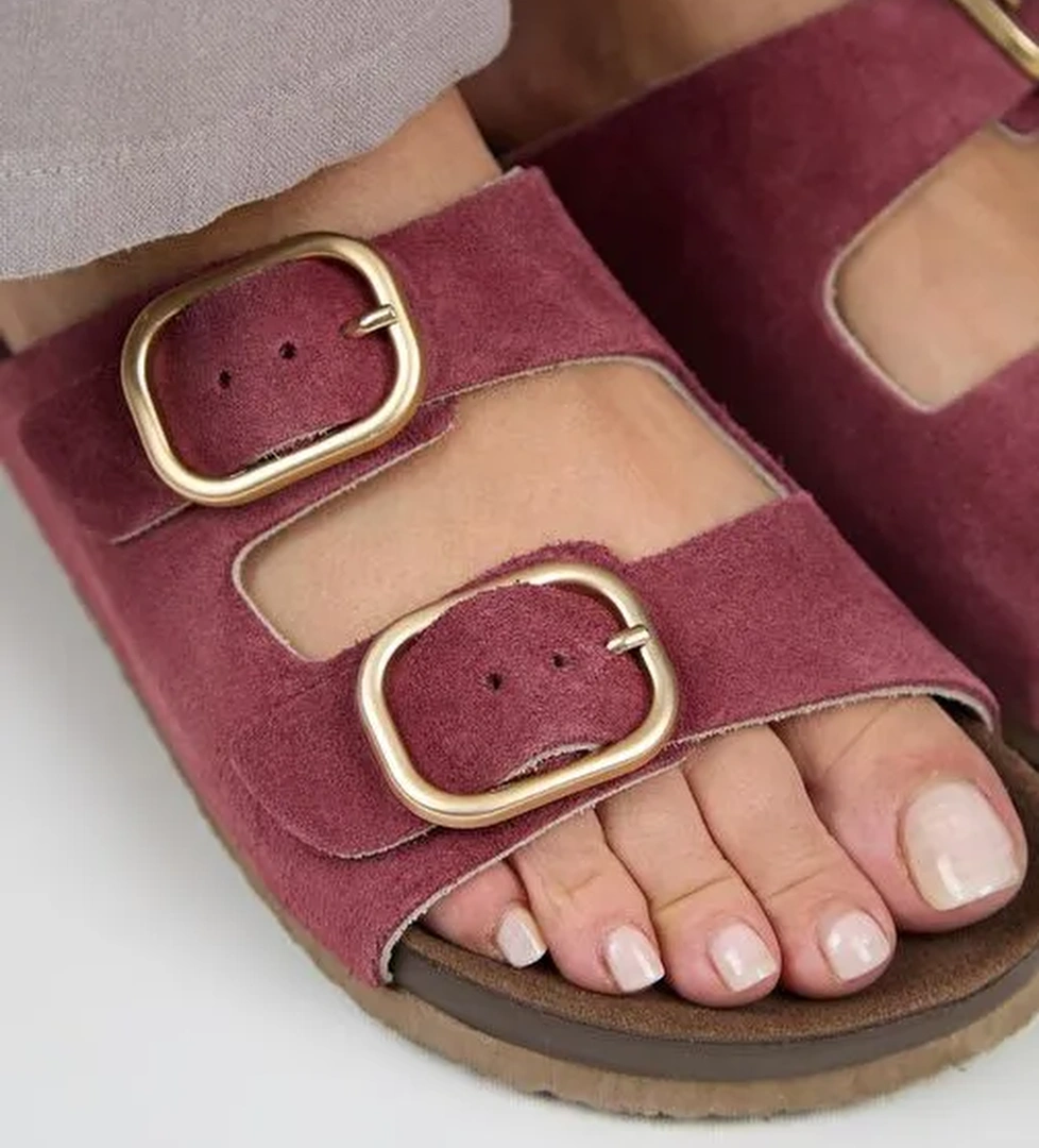 Manijero Jazmin Kadın Hakiki Deri Çift Tokalı Vişne Terlik - Görsel 1