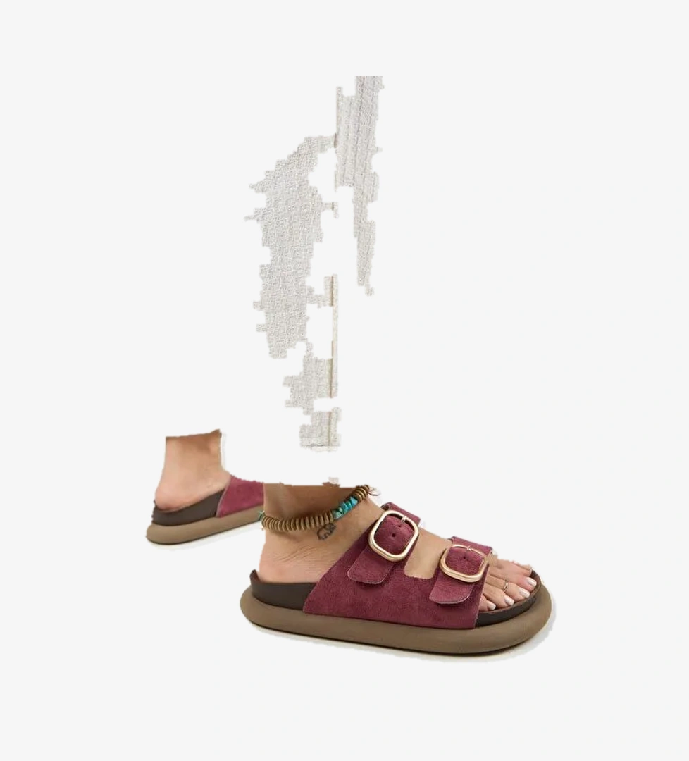 Manijero Lavanda Kadın Hakiki Deri Çift Tokalı Vişne Terlik - Görsel 1