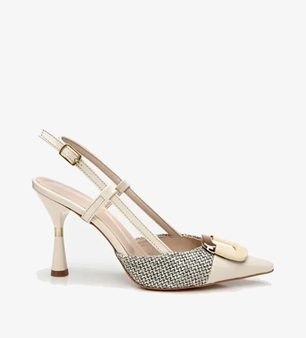 Kadın Krem Hasır Detaylı Arkası Açık Topuklu Ayakkabı - Görsel 1