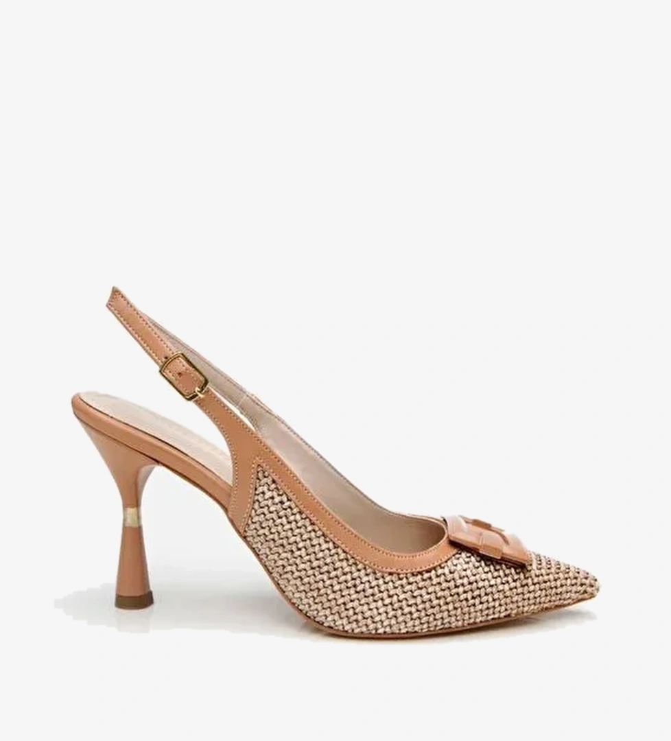 Kadın Bej Hasır Detaylı Arkası Açık Topuklu Ayakkabı - Görsel 1