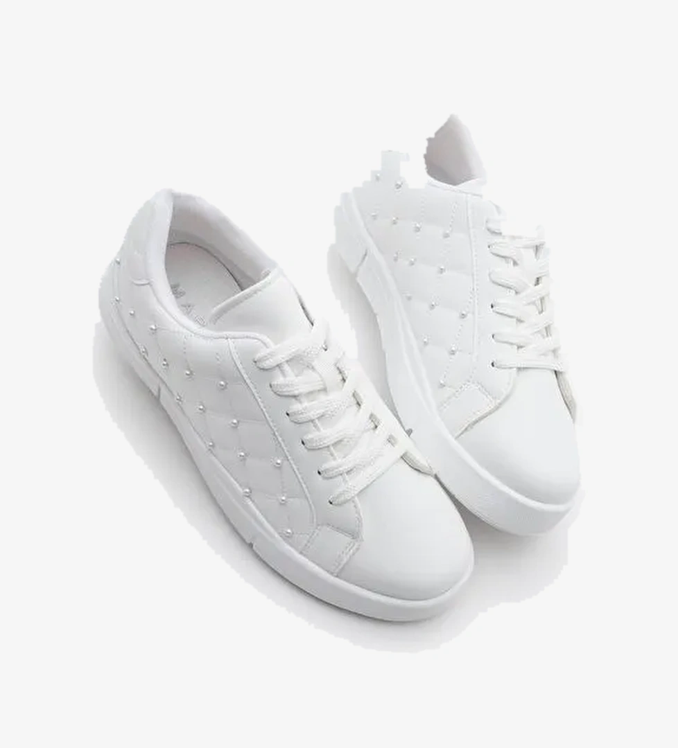 Kadın Sneaker İncili Kapitone Dikişli Spor Ayakkabı Sofez Beyaz - Görsel 1
