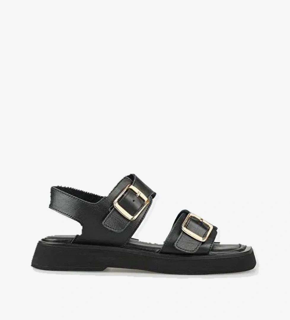 Siyah Deri Kadın Düz Sandalet - Görsel 1