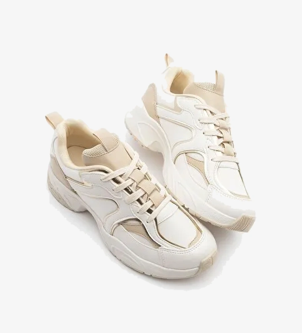 Kadın Sneaker Kalın Taban Bağcıklı Çok Parçalı Spor Ayakkabı Luser Bej - Görsel 1