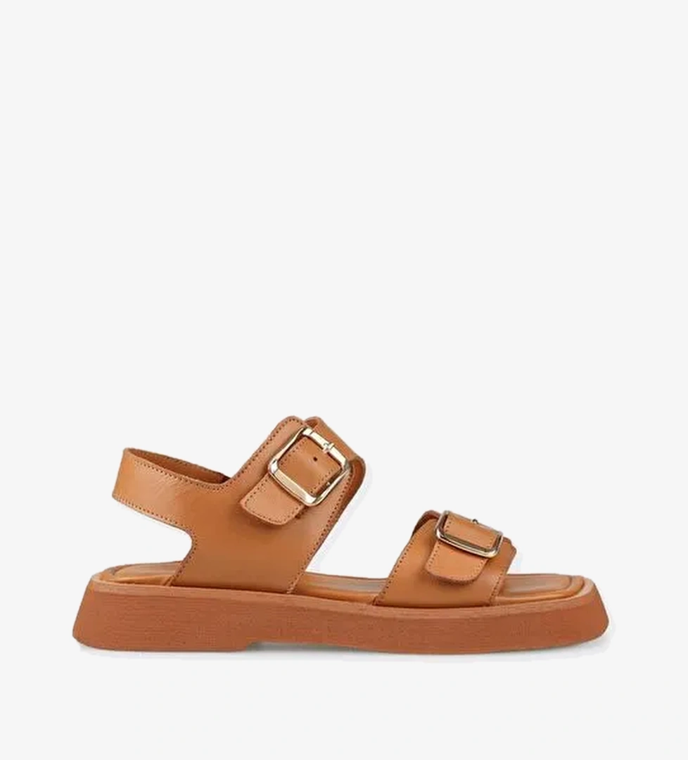 Taba Deri Kadın Düz Sandalet - Görsel 1