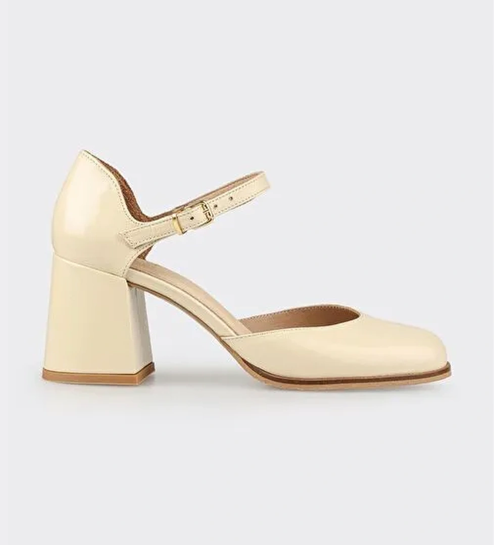 Ekru Deri Kadın Topuklu Ayakkabı - Görsel 1