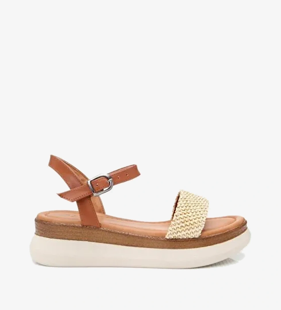 Kadın Bej Hasır Detaylı Comfort Düz Sandalet - Görsel 1