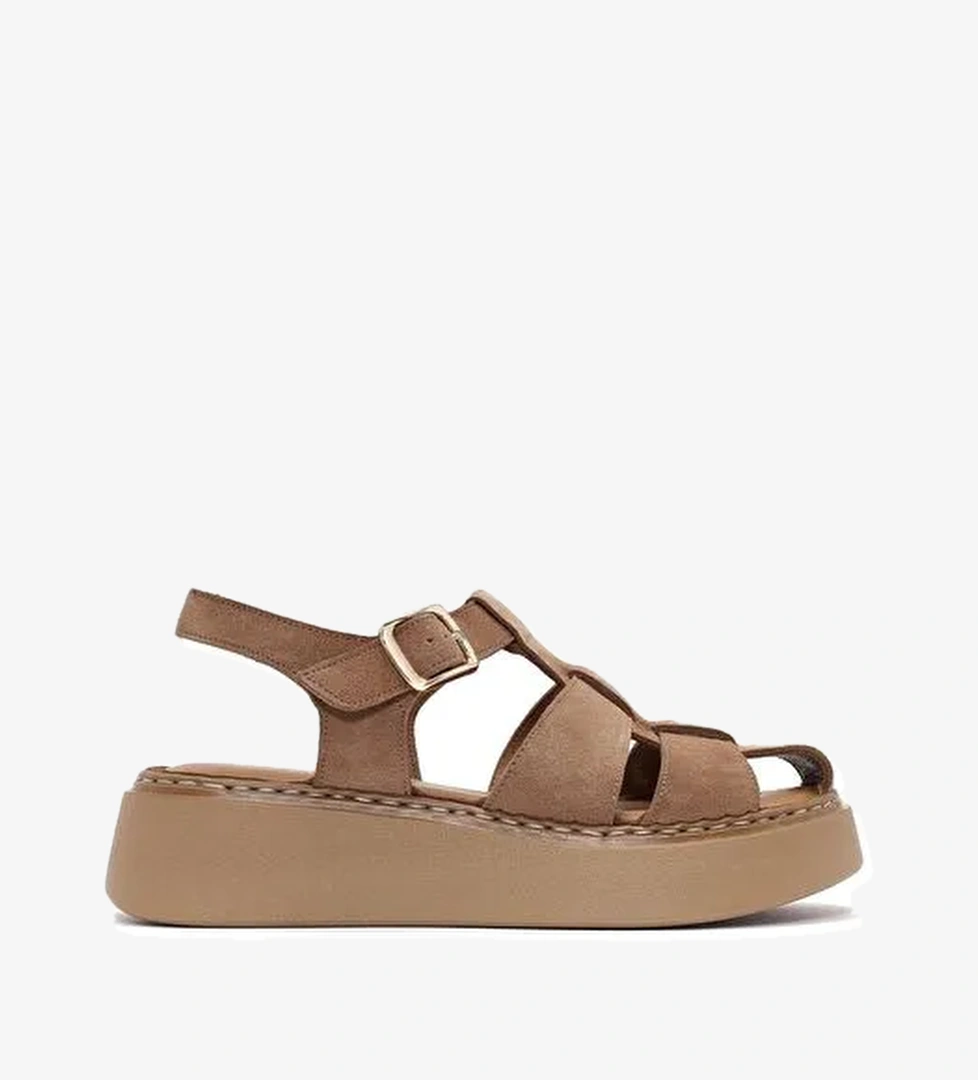 Kadın Pudra Bilekten Tokalı Kalın Tabanlı Süet Deri Comfort Sandalet 25SFD342610 - Görsel 1