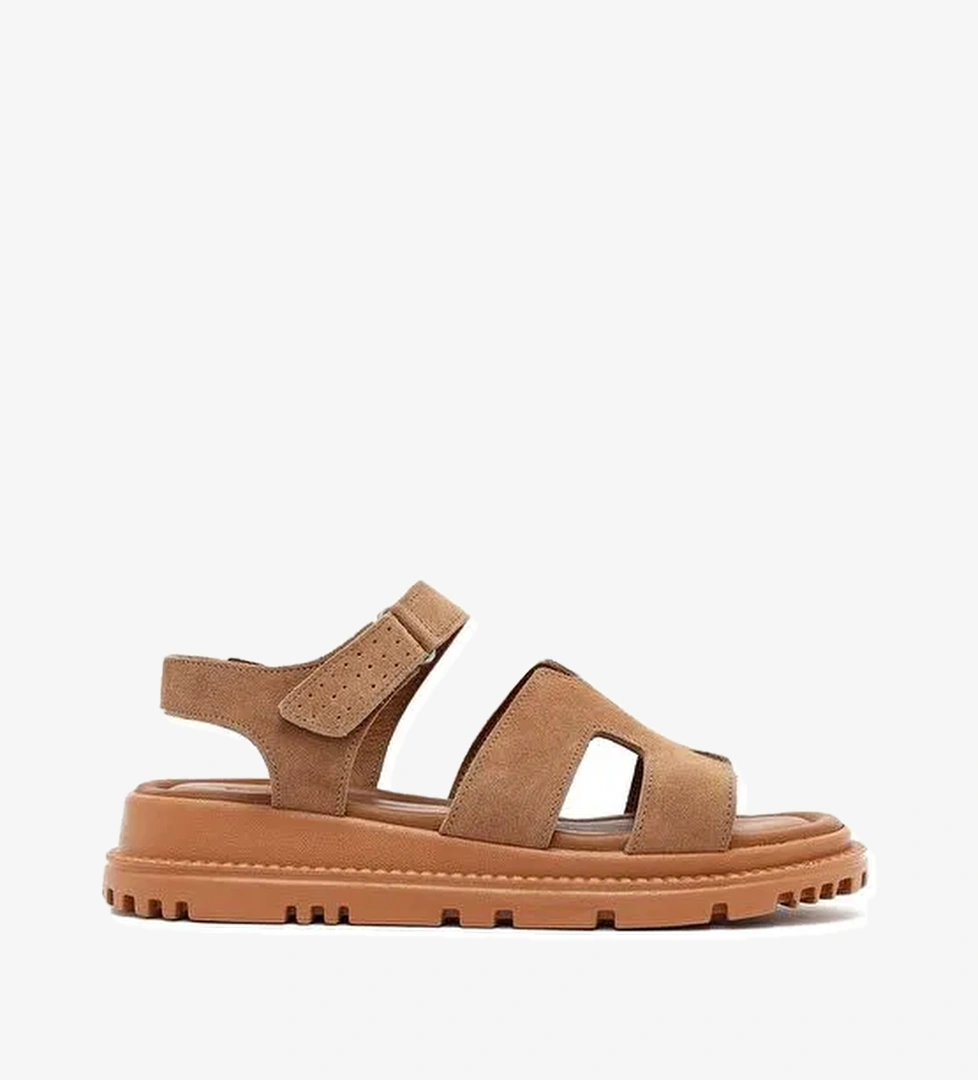 Kadın Pudra Bantlı Kalın Tabanlı Süet Deri Comfort Sandalet 25SFD300210 - Görsel 1