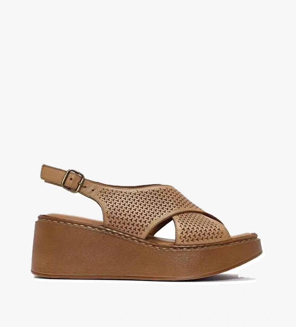 Kadın Taba Bilekten Bağlamalı Baskılı Dolgu Topuklu Deri Comfort Sandalet 25SFD342126 - Görsel 1