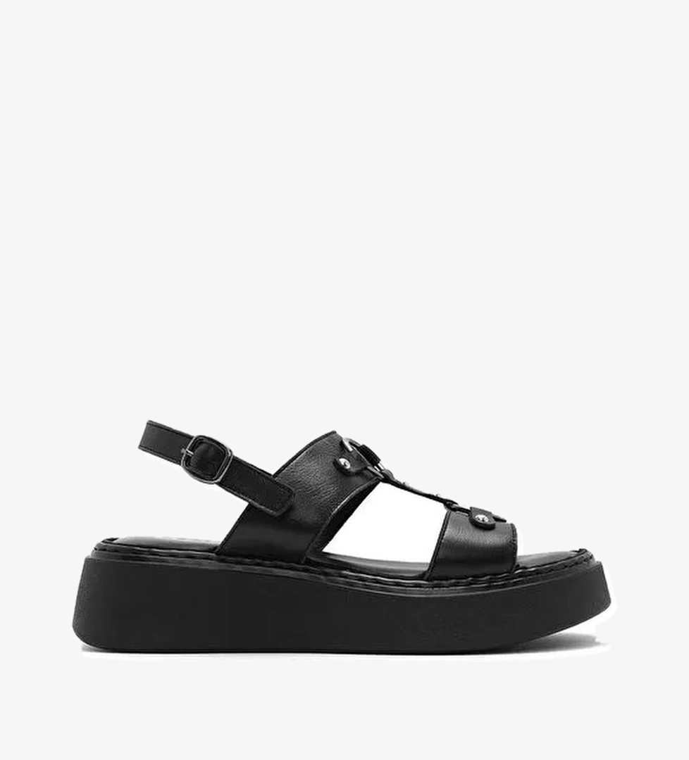 Kadın Siyah Bilekten Tokalı Kalın Tabanlı Deri Comfort Sandalet 25SFD342518 - Görsel 1