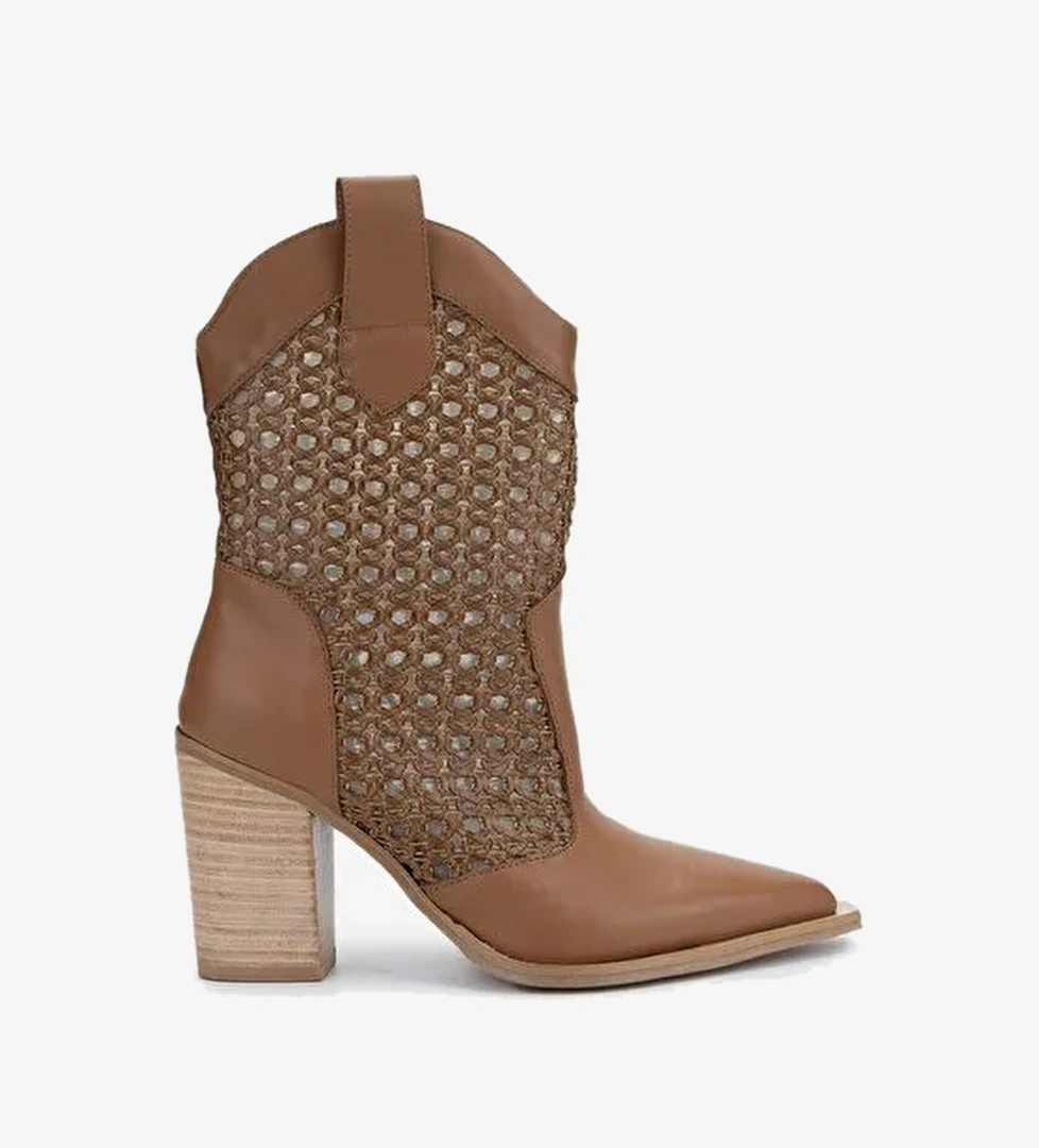 Valmenti Kadın Deri & Tekstil Taba Deri Topuklu Çizme - Görsel 1