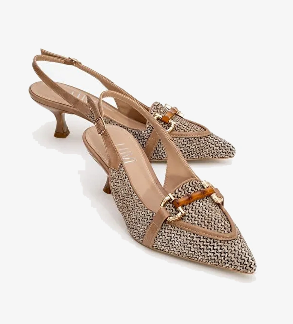 OSCA Koyu Bej Hasır Tokalı Sivri Burun Kadın Topuklu Ayakkabı - Görsel 1