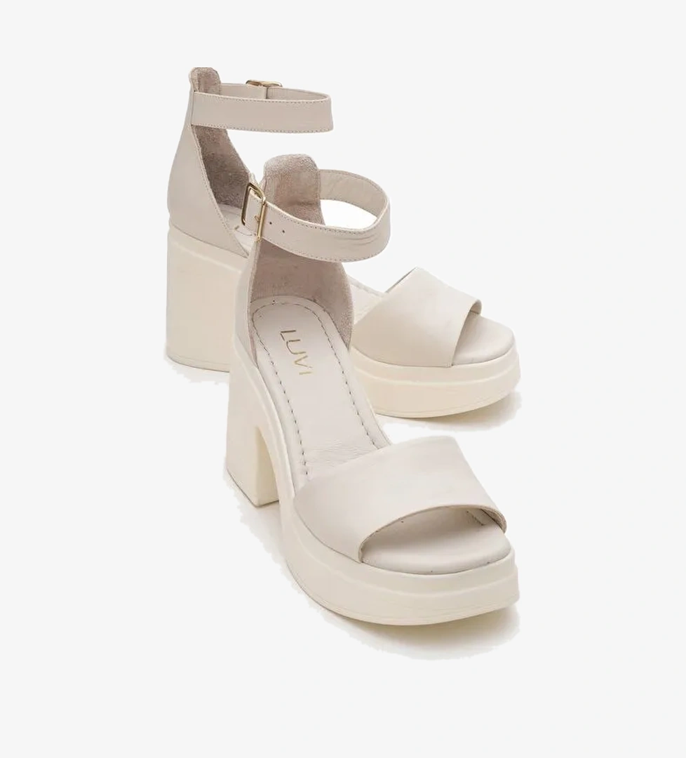 MARGOT Ekru Cilt Hakiki Deri Kadın Platform Topuklu Sandalet - Görsel 1