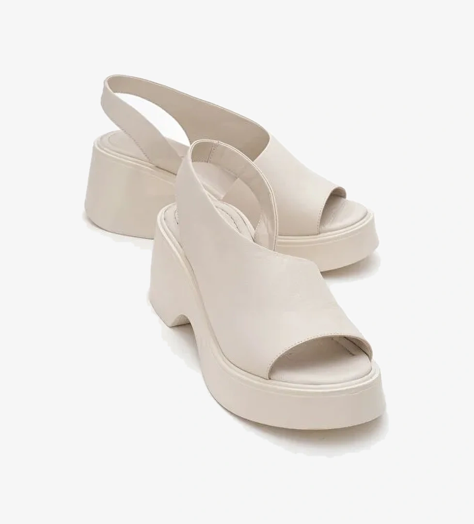 ROY Ekru Cilt Hakiki Deri Kadın Dolgu Topuklu Sandalet - Görsel 1