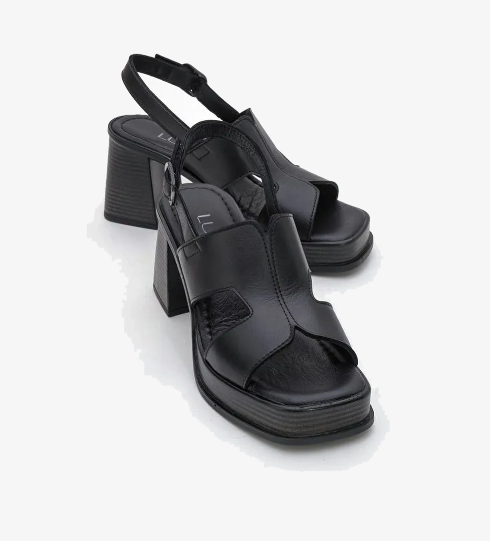 KEVIN Siyah Cilt Hakiki Deri Kadın Platform Topuklu Sandalet - Görsel 1