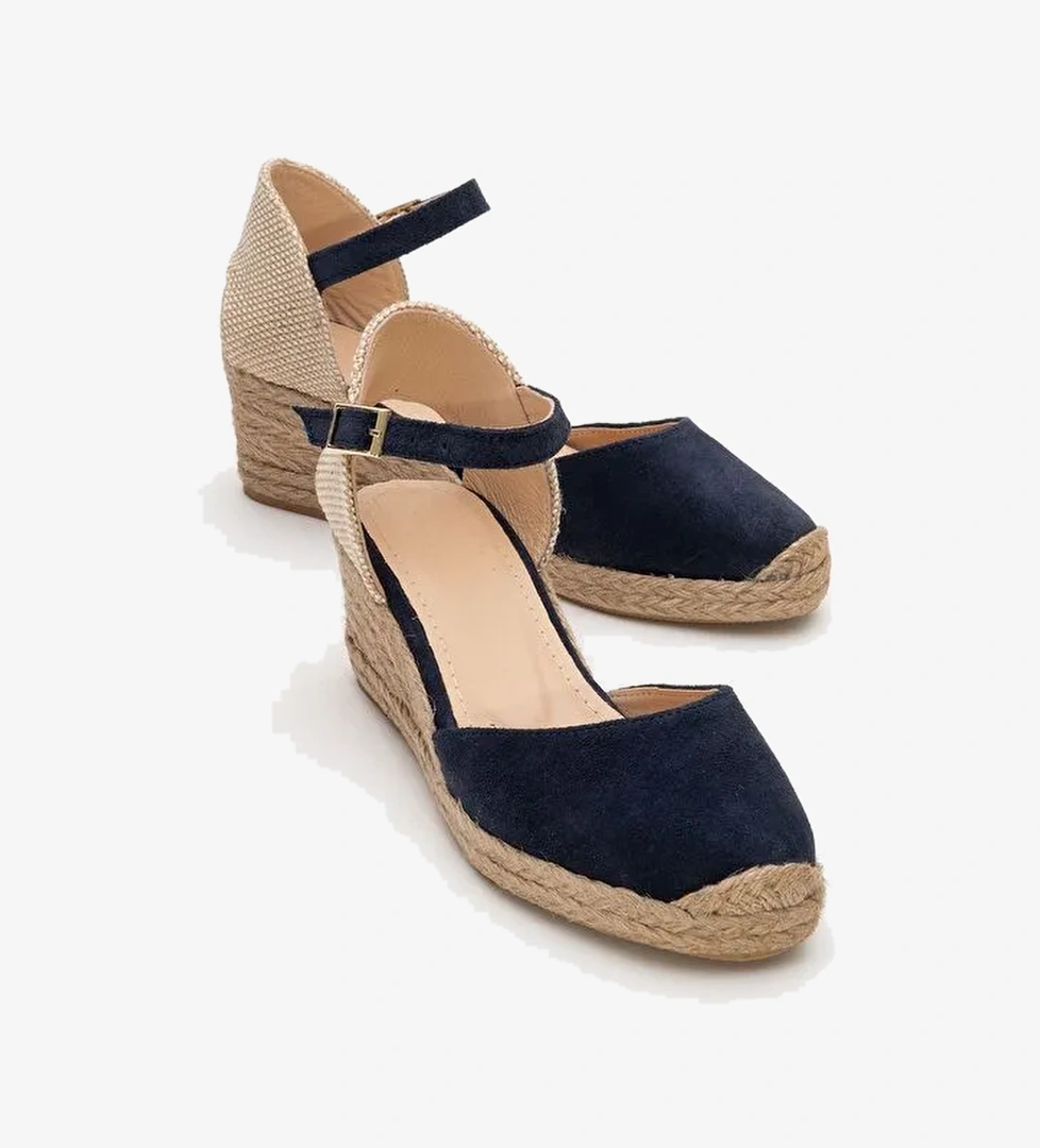 ALDEA Lacivert Süet Hakiki Deri Kadın Dolgu Topuk Sandalet - Görsel 1