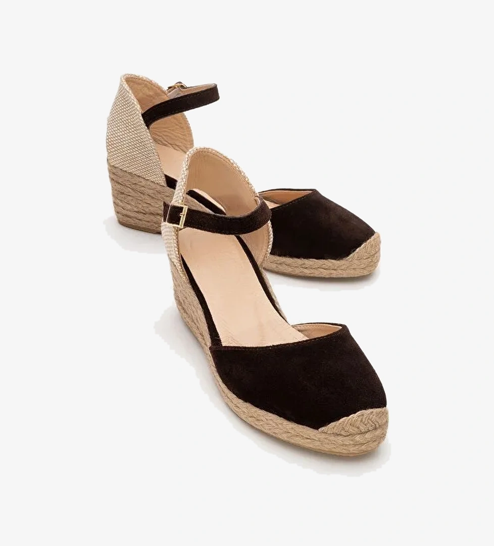 ALDEA Kahverengi Süet Hakiki Deri Kadın Dolgu Topuk Sandalet - Görsel 1
